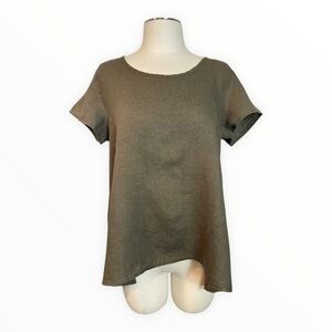 Flax Linen Relaxed Fit Short Sleeve Lagenlook Top Khaki